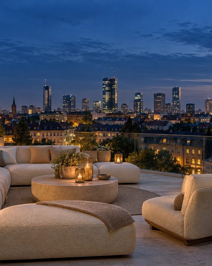 Taras penthouse'u o zmierzchu z widokiem na światła miasta